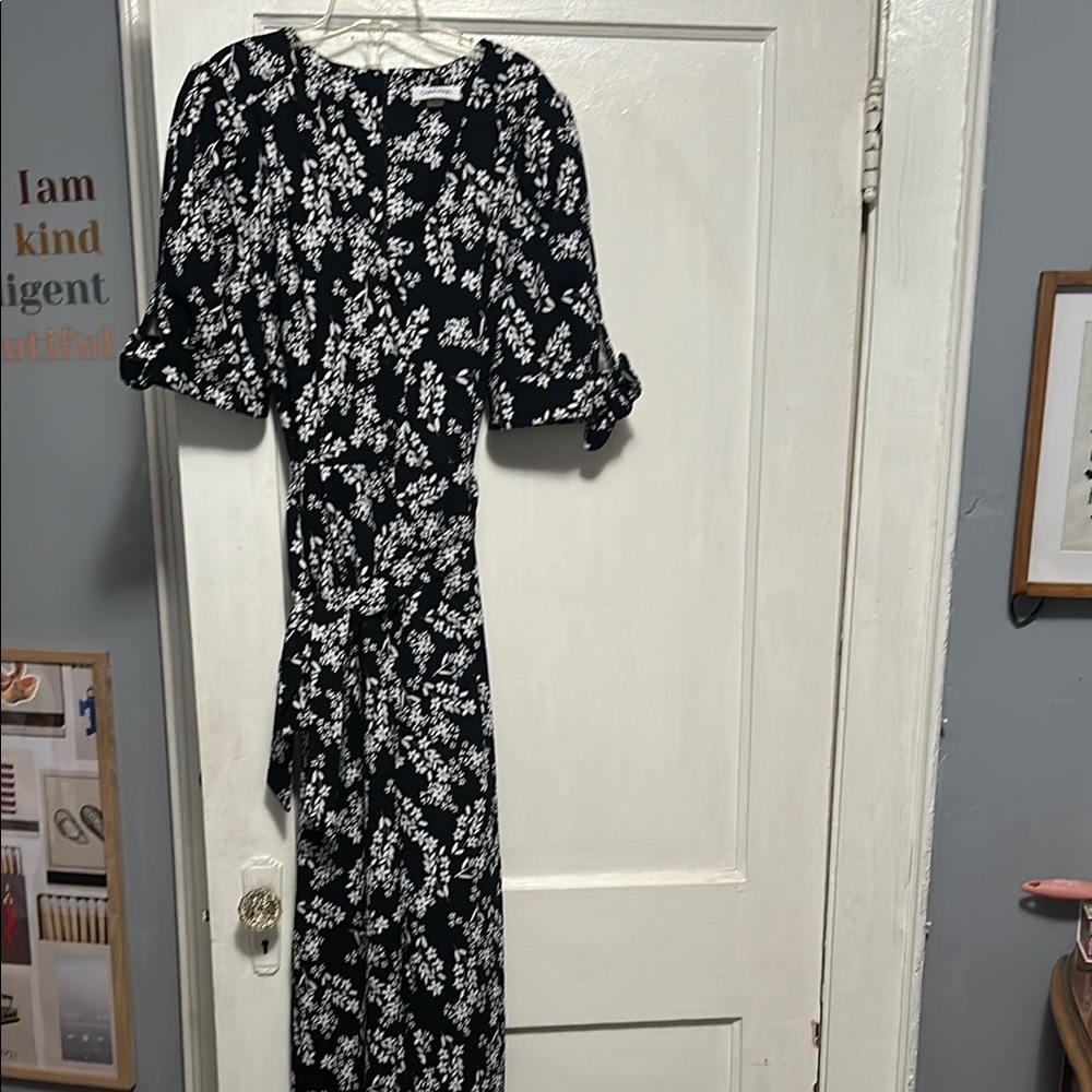 Calvin Klein Collection Black and White Puff Sleeve V-Neck Sundress